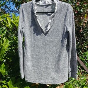 Gray V-Neck Sweater with Ruffle Trim